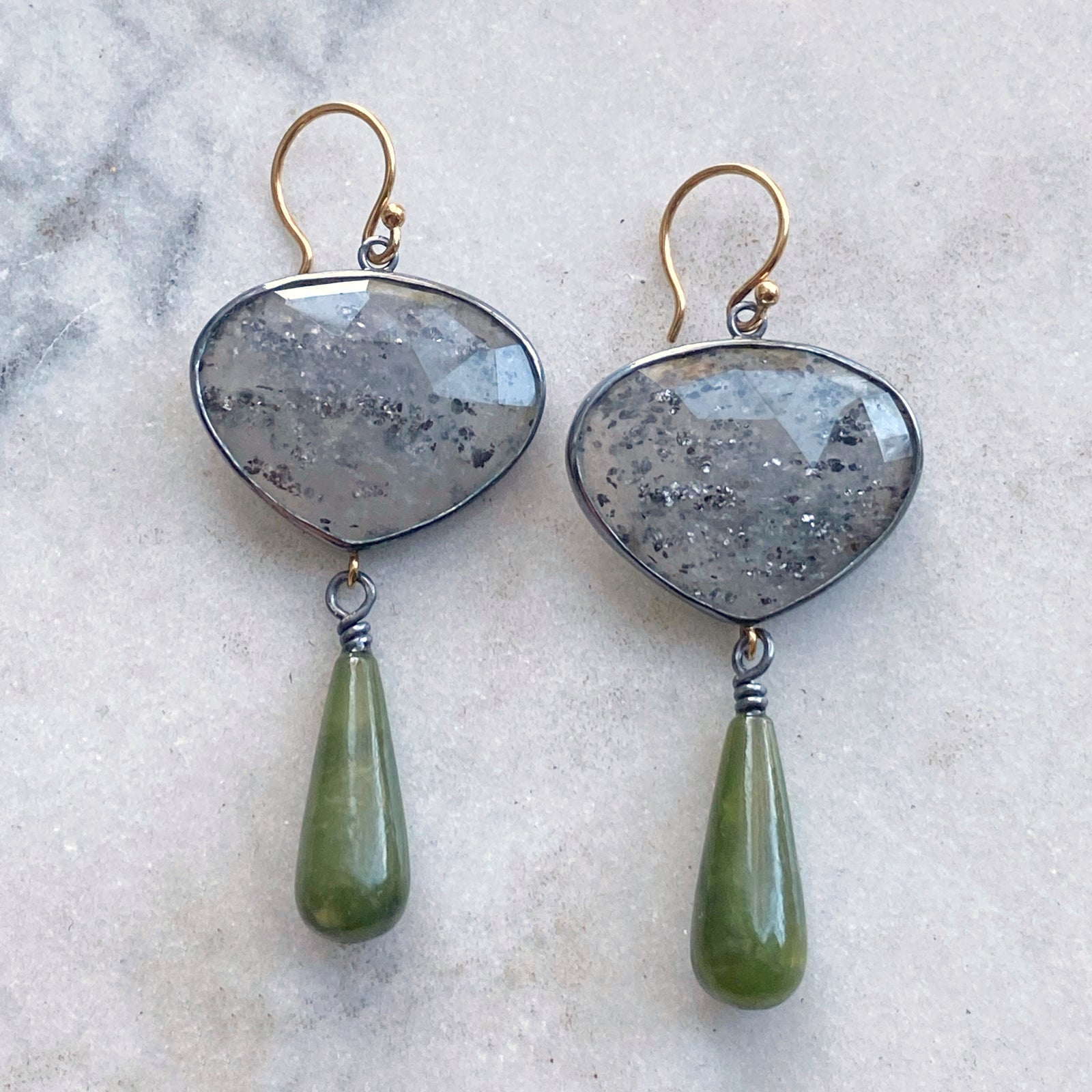 Black Sunstone and Jade Earrings