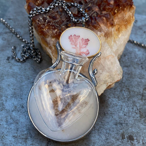 Convertible Pendant/Brooch with Dendritic Agate and Antique Heart-Shaped Glass Posey Vase