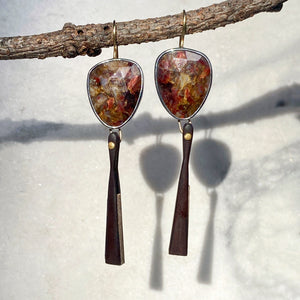 Red Pietersite Earrings with Detachable Vintage Wood and Paper Fans