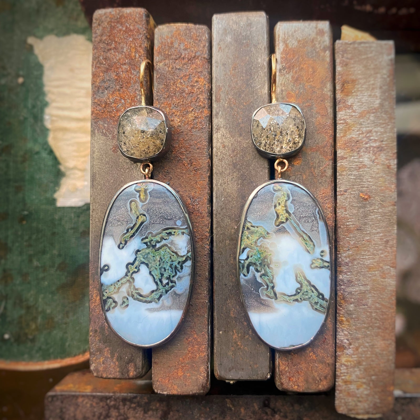 Black Sunstone and Dendritic Quartz Earrings