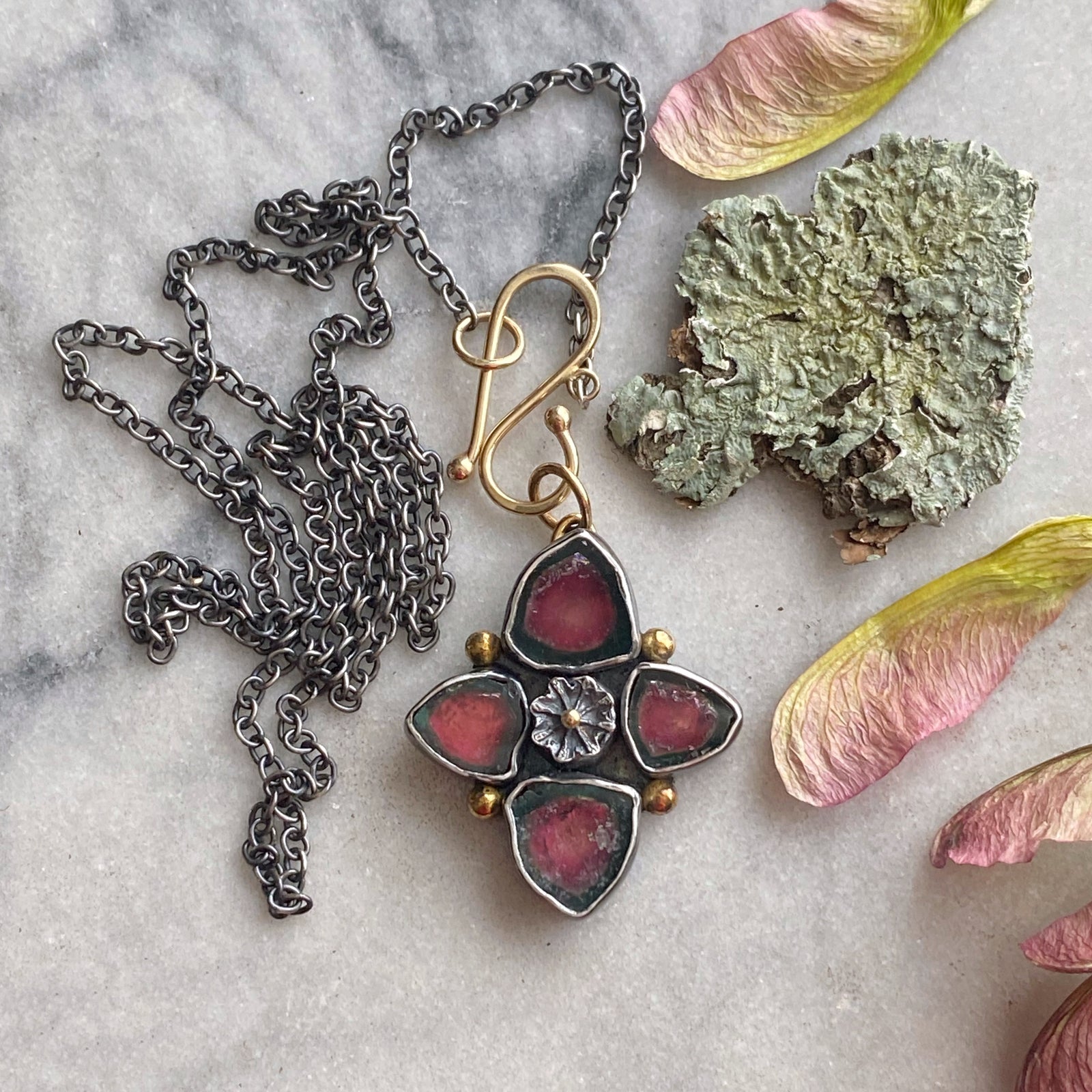 Etruscan-style Amulet with Blue/Pink Tourmaline Slices and Poppy Pod