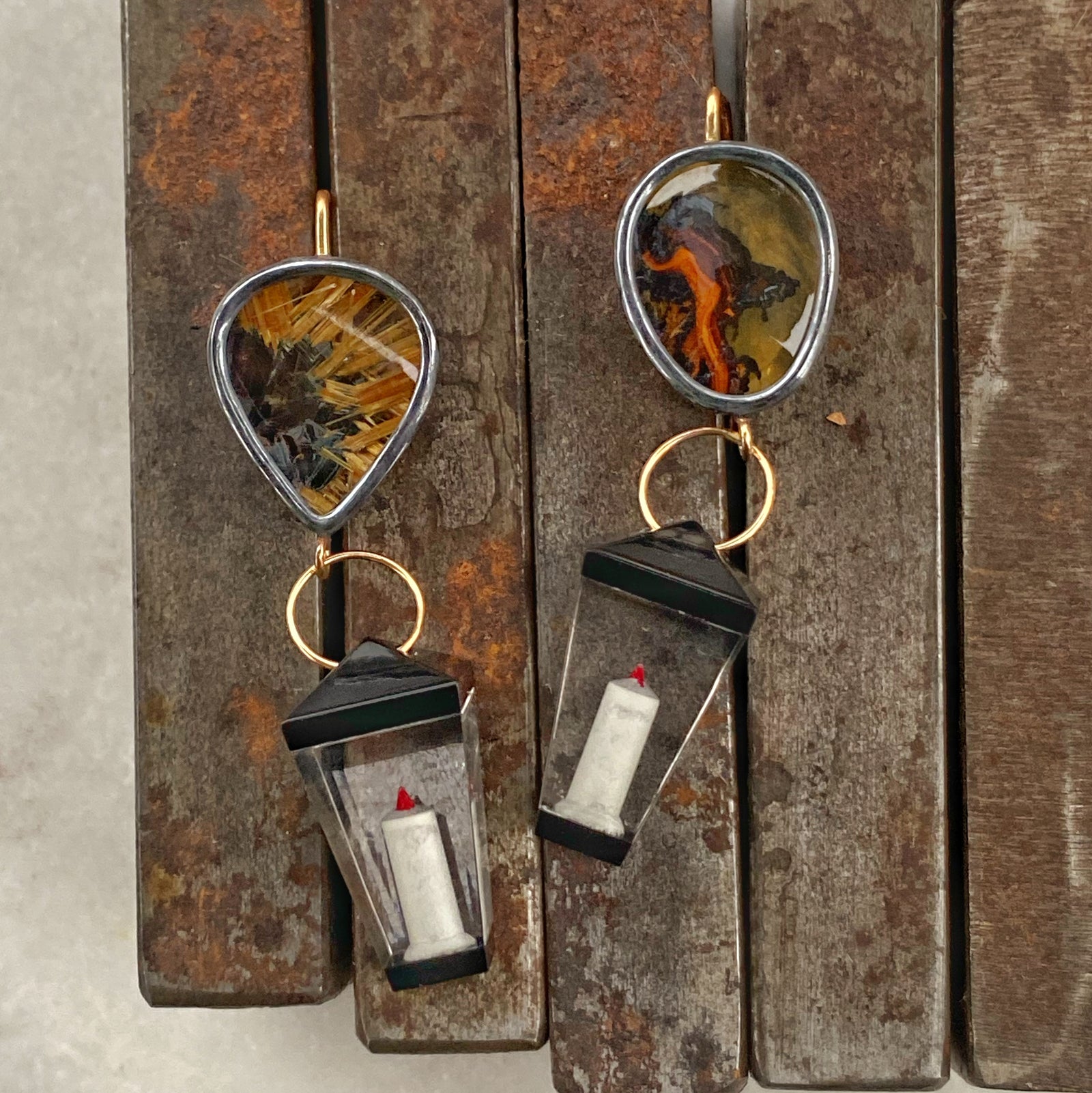 Dendritic and Golden Star Rutilated Quartz Earrings with Vintage Lucite Lanterns