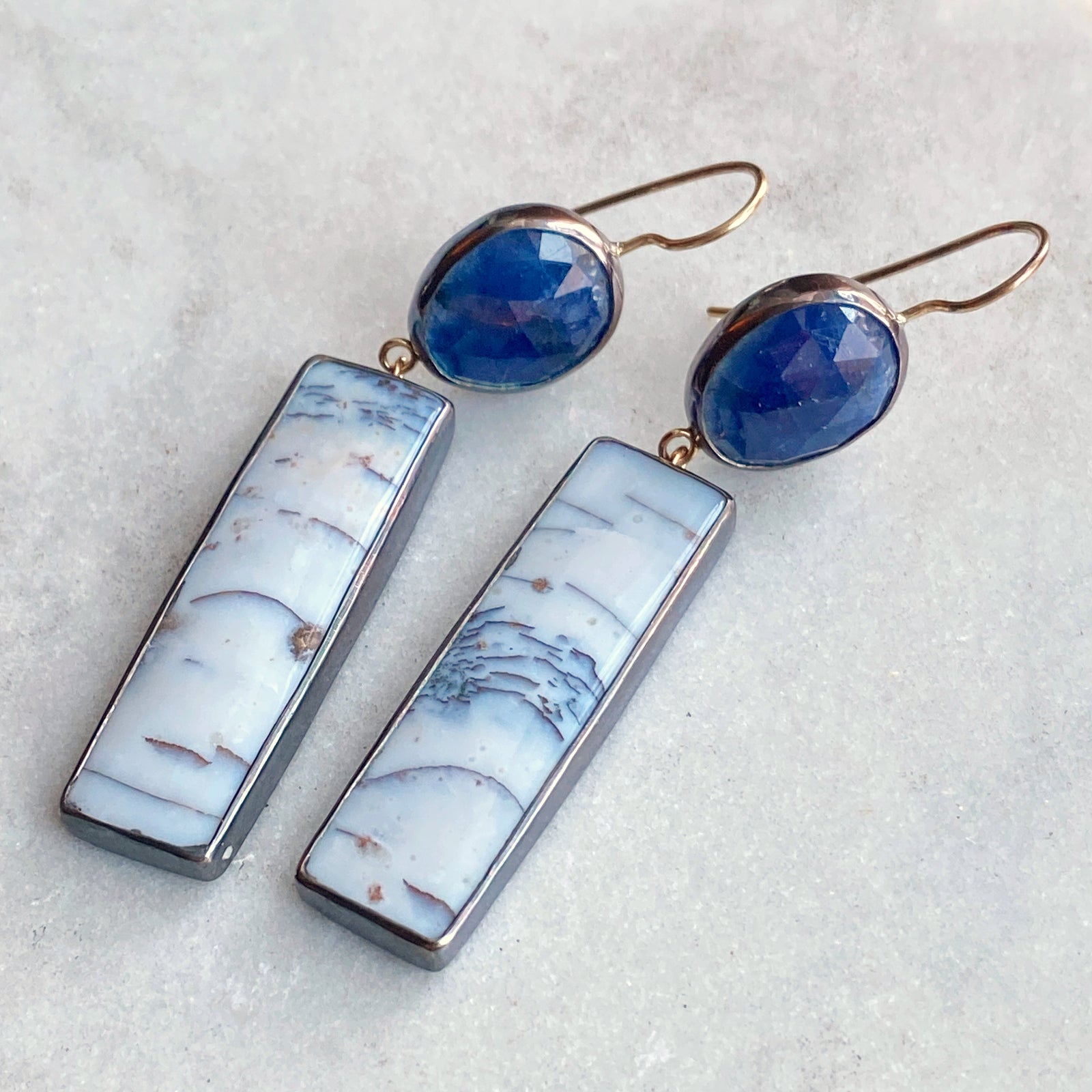 Copper in Petrified Wood and Sapphire Earrings