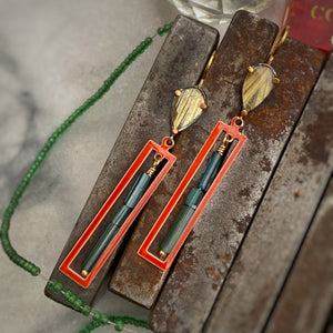 Golden Rutilated Quartz Earrings with Vintage Enamel and Tourmaline