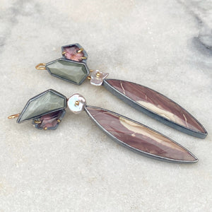 Willow Creek Jasper Earrings with Chatoyant Grey Quartz, Lavender Spinel, and Keshi Pearl