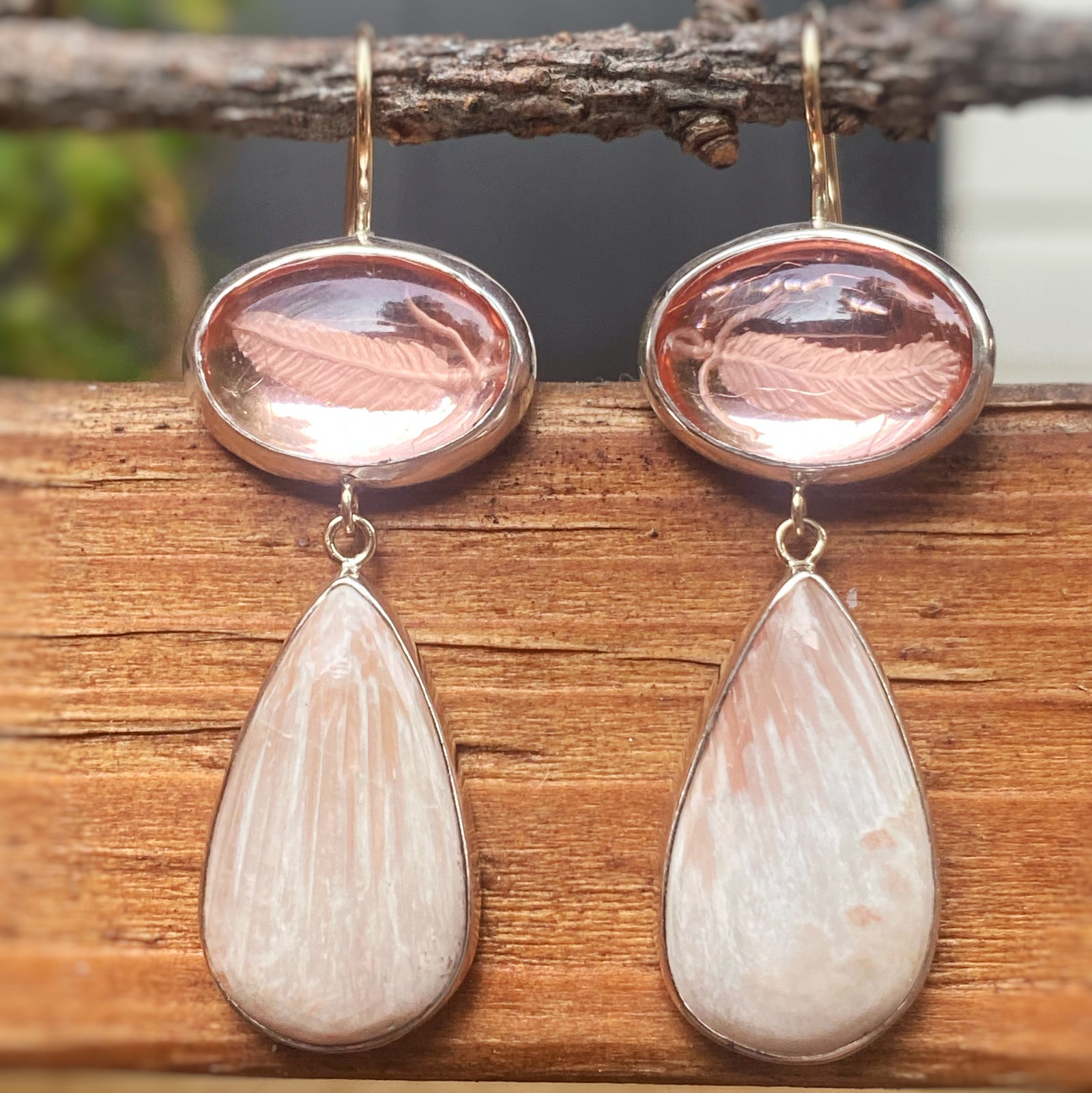 Pink Glass with Feather Reverse Intaglio and Scolecite Earrings