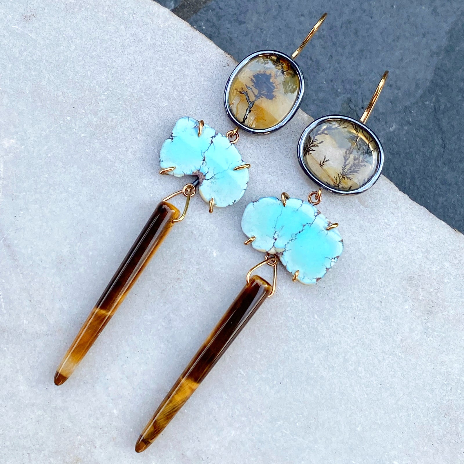 Dendritic Quartz, Lavender Turquoise, and Tiger’s Eye Earrings
