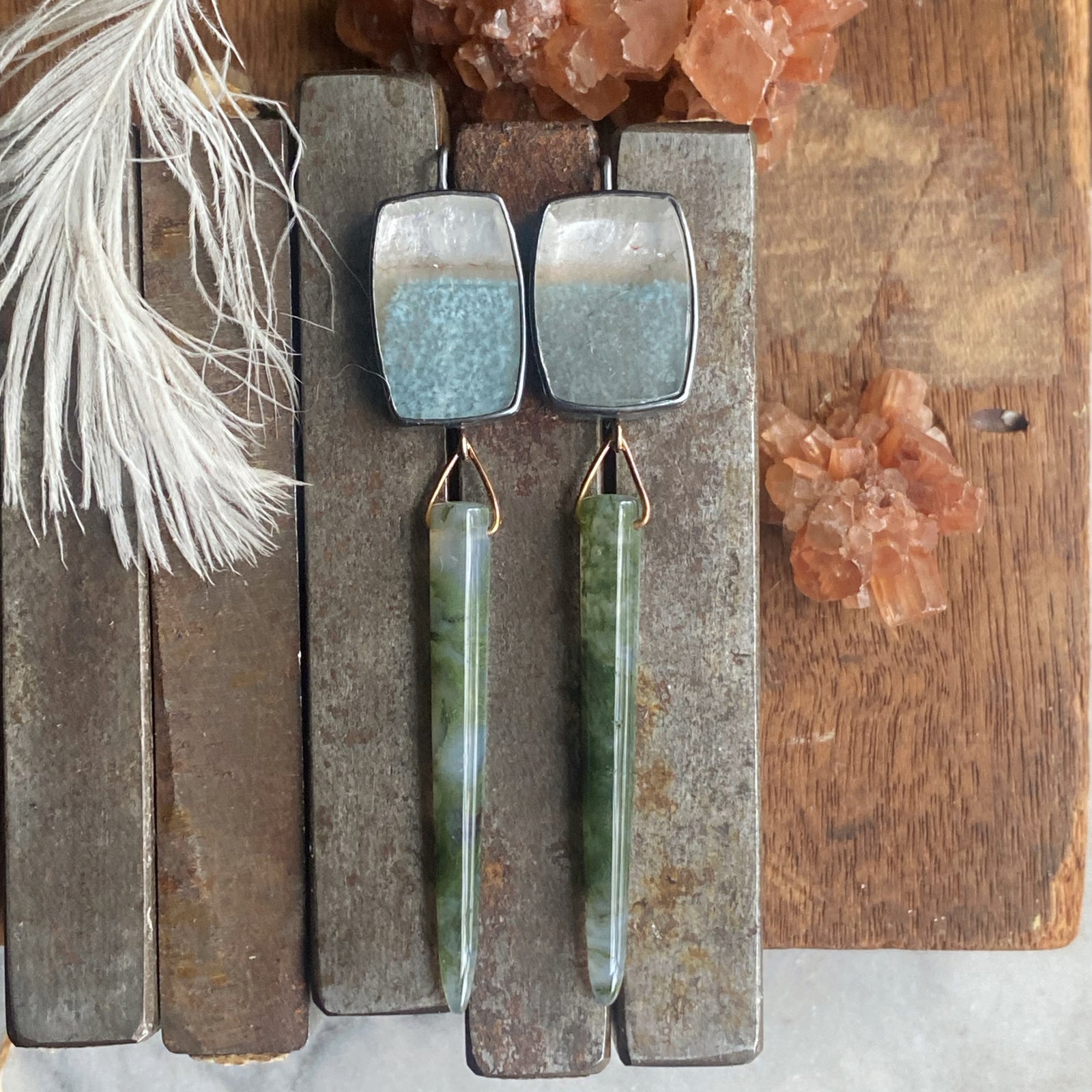 Gilalite in Quartz Earrings with Moss Agate