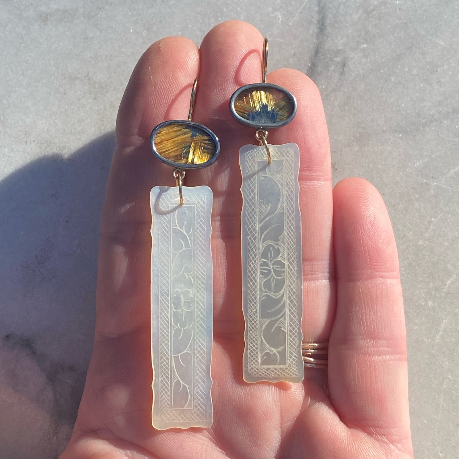 Golden Rutilated Quartz and Antique Mother of Pearl Chinese Gaming Token Earrings