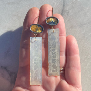 Golden Rutilated Quartz and Antique Mother of Pearl Chinese Gaming Token Earrings