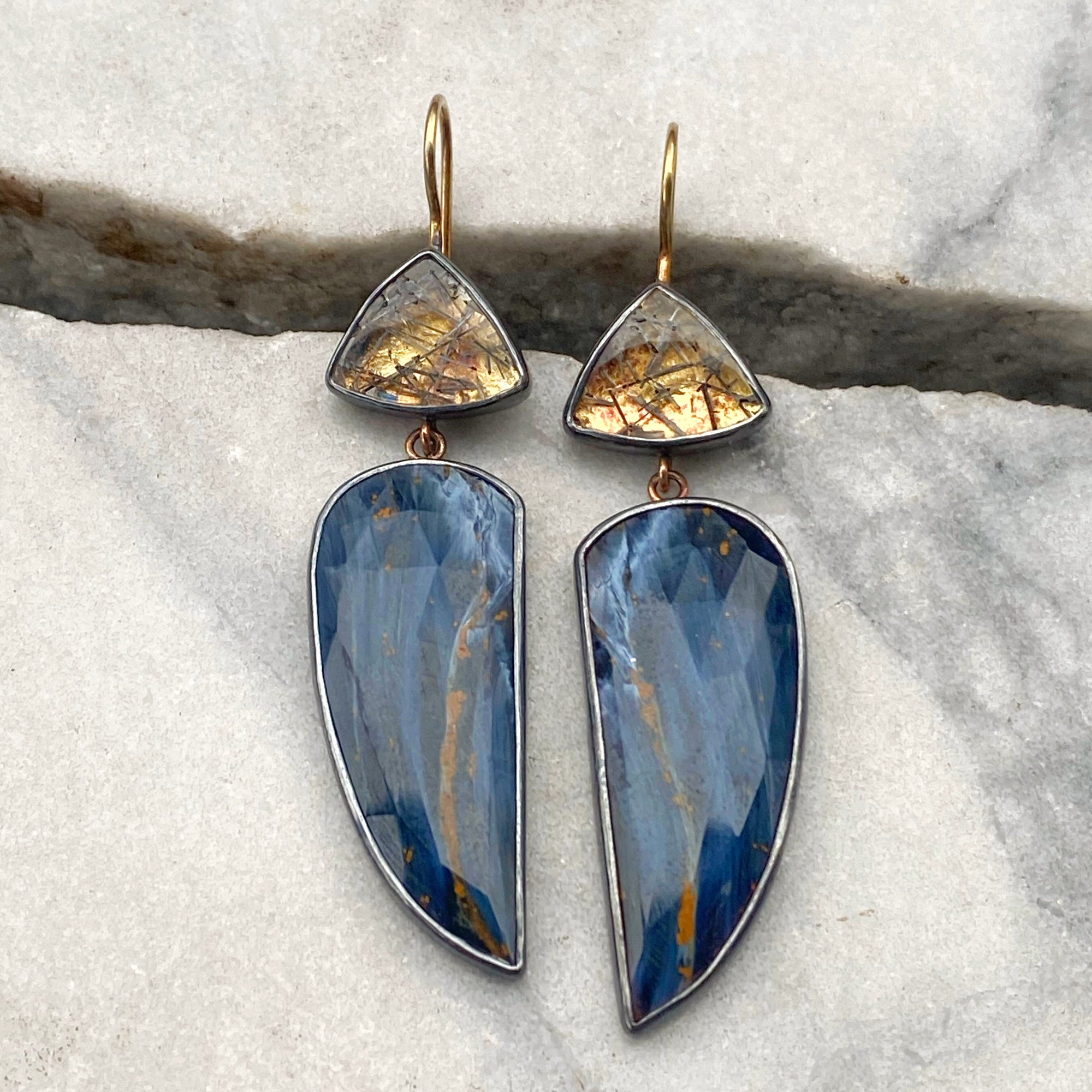 Pietersite and Black Rutilated Quartz Earrings with Keum Boo