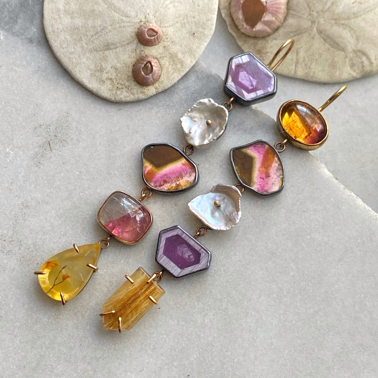 Totem Earrings with Tourmaline, Quartz, Sapphire, and Keshi Pearl