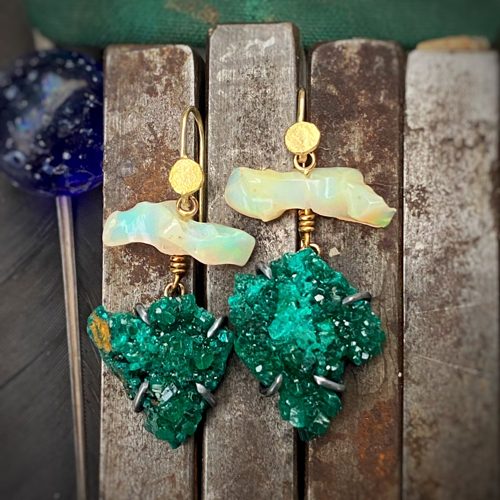 Opal and Dioptase Earrings