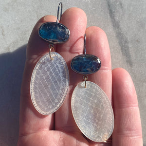 Teal Speckled Kyanite and Antique Mother of Pearl Chinese Gaming Token Earrings