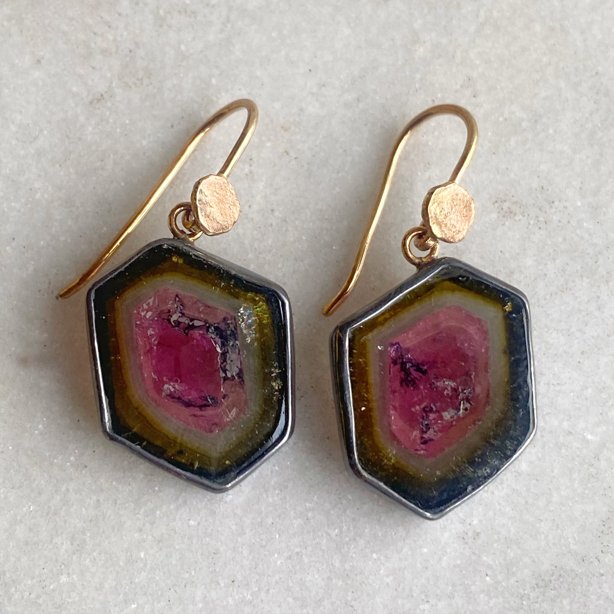 Watermelon Tourmaline Slice Earrings with Smushbob Earwires