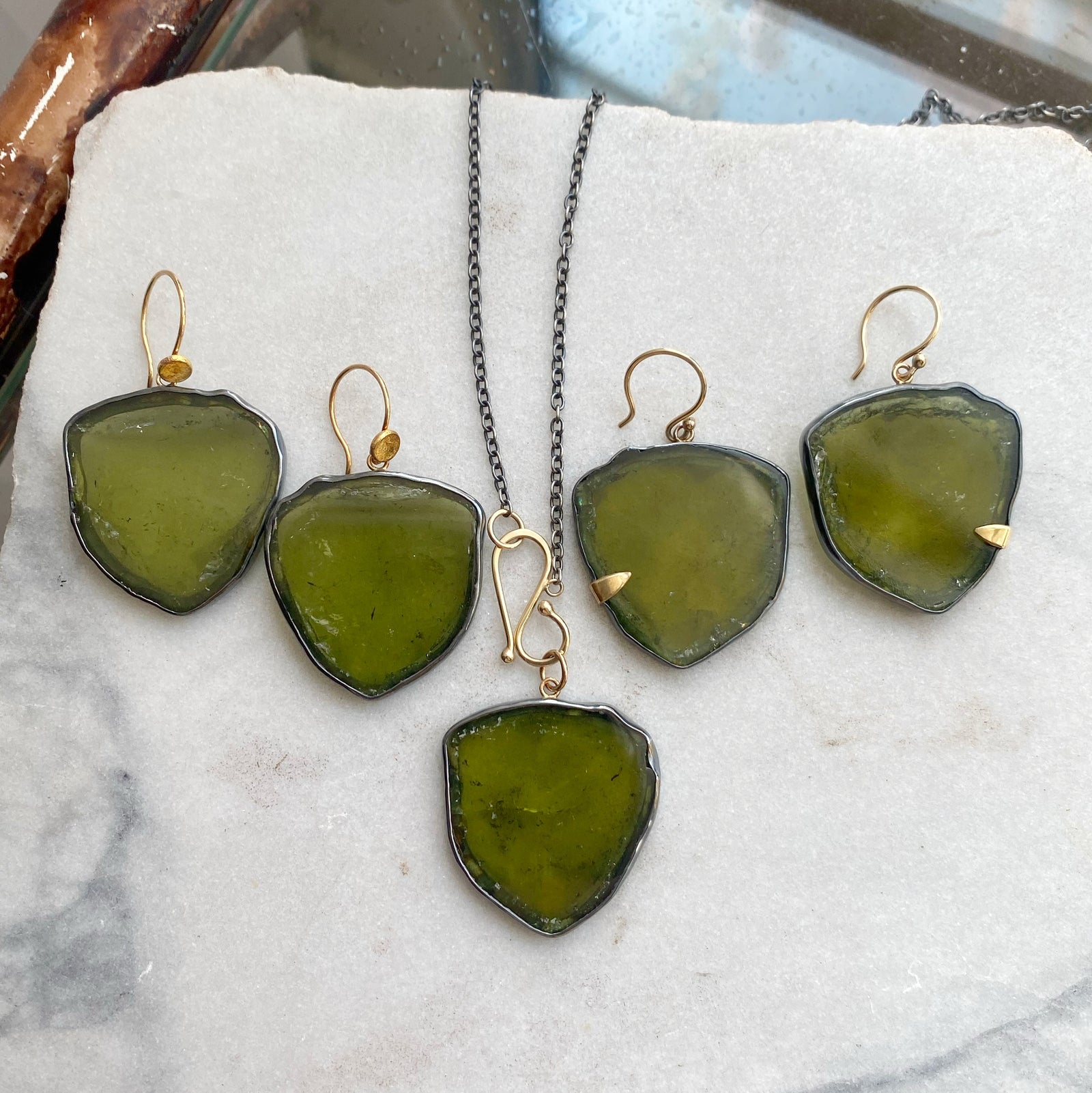 Olive Green Tourmaline Slice Earrings or Pendant