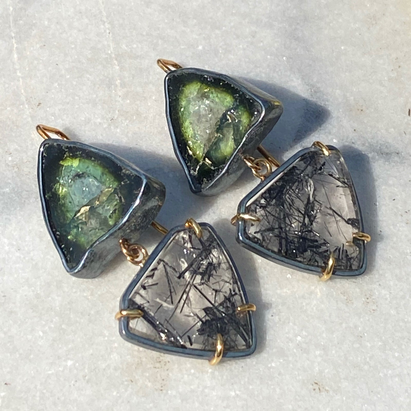 Green Tourmaline and Black Rutilated Quartz Earrings