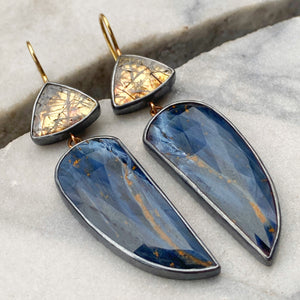 Pietersite and Black Rutilated Quartz Earrings with Keum Boo