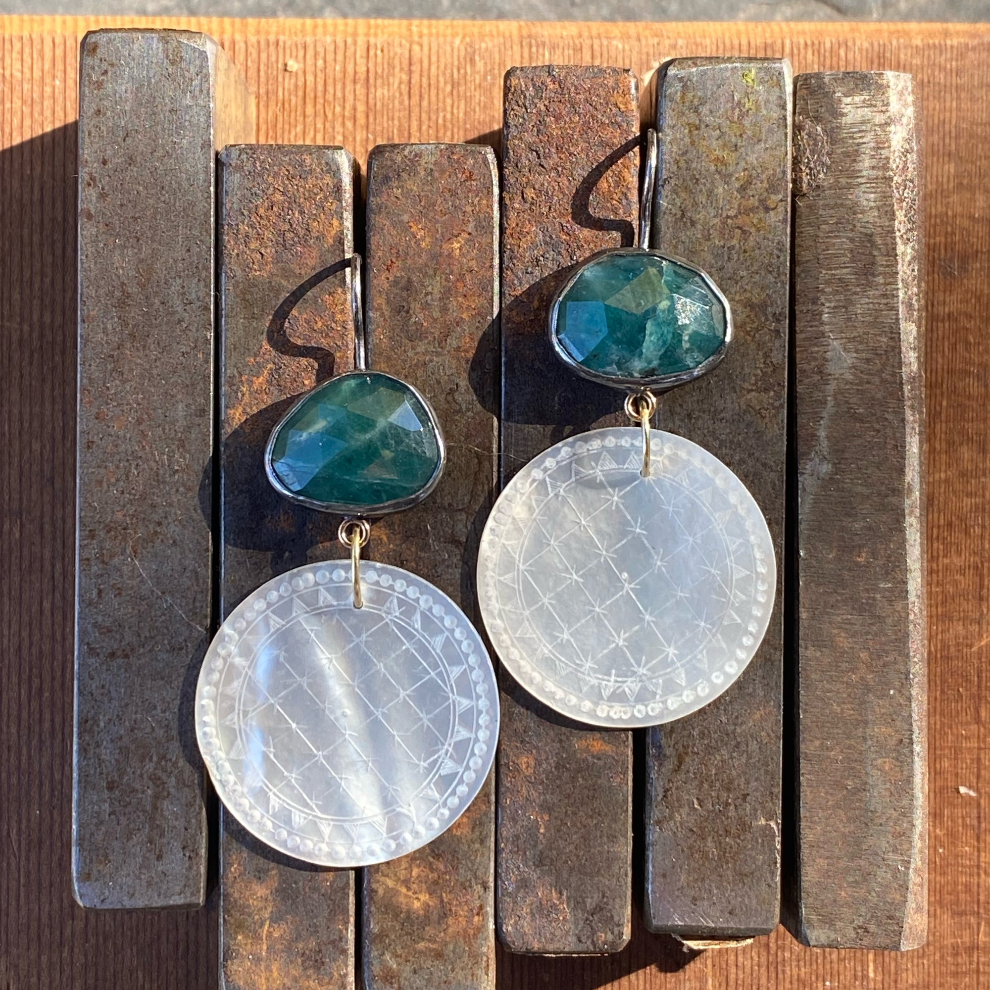 Grandidierite and Antique Mother of Pearl Chinese Gaming Token Earrings