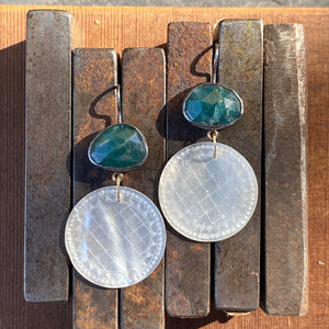 Grandidierite and Antique Mother of Pearl Chinese Gaming Token Earrings
