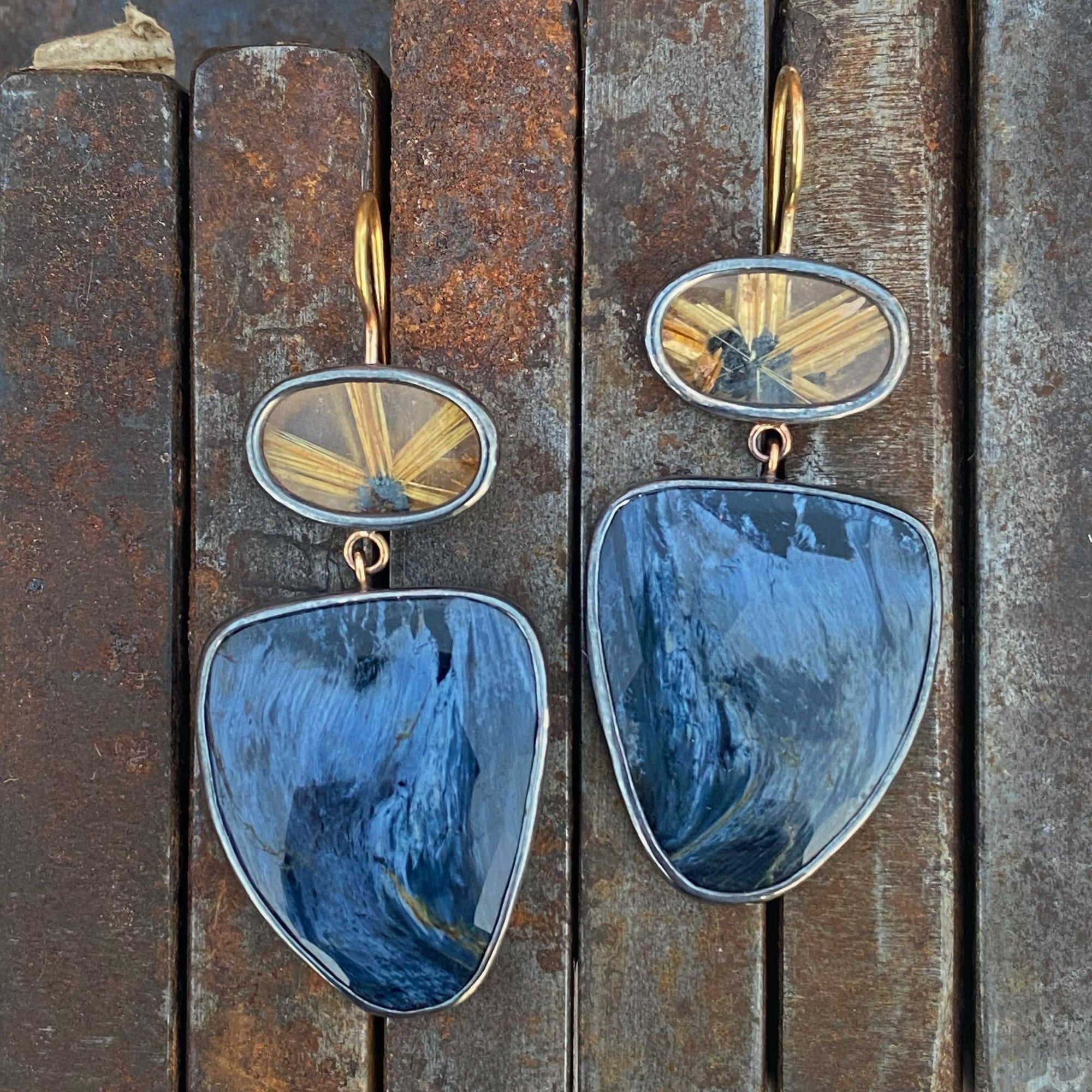 Pietersite and Golden Star Rutilated Quartz Earrings #2