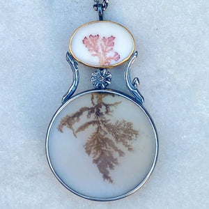Convertible Pendant/Brooch with Dendritic Agate and Antique Heart-Shaped Glass Posey Vase