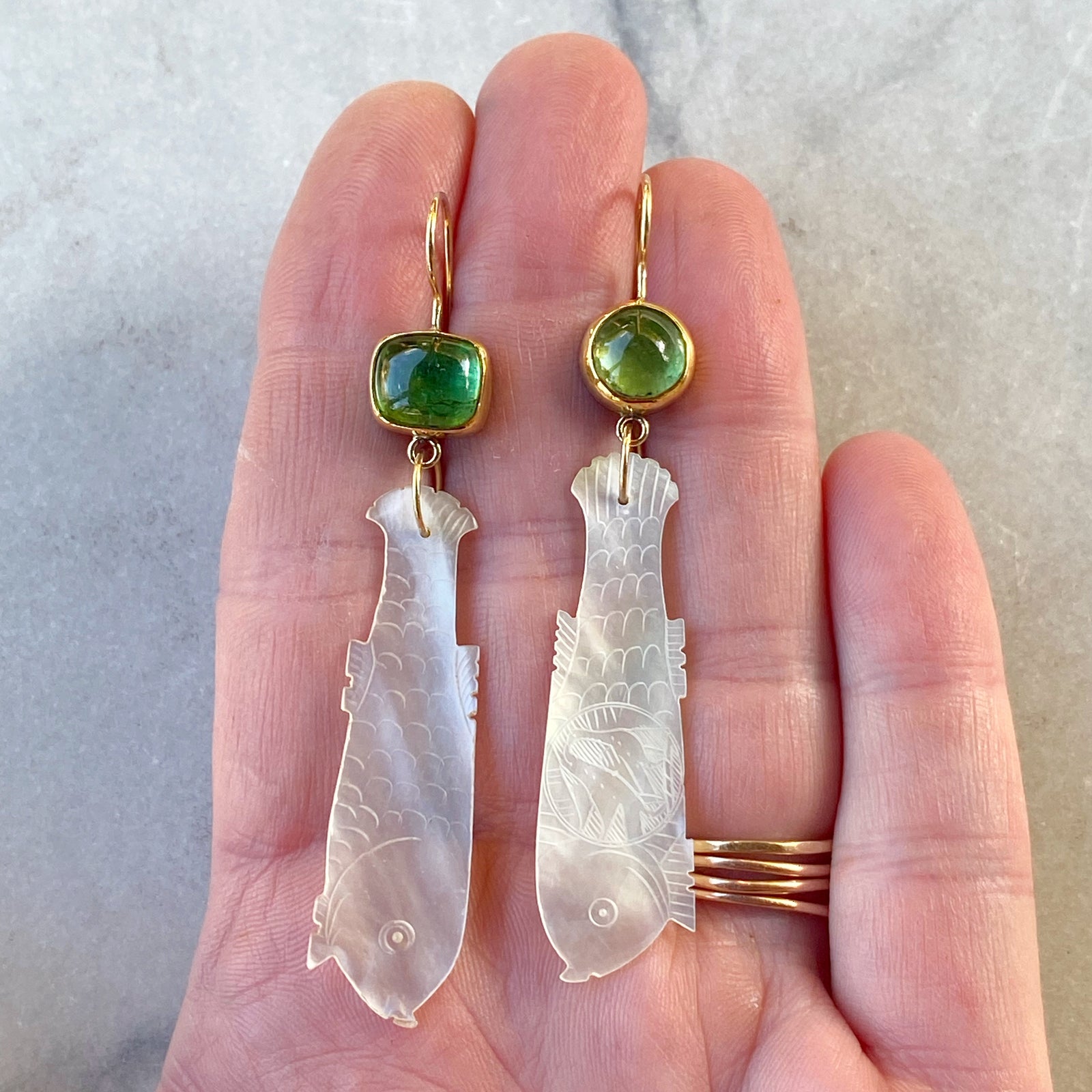 Apple Green Tourmaline and Antique Mother of Pearl Chinese Gaming Token Earrings