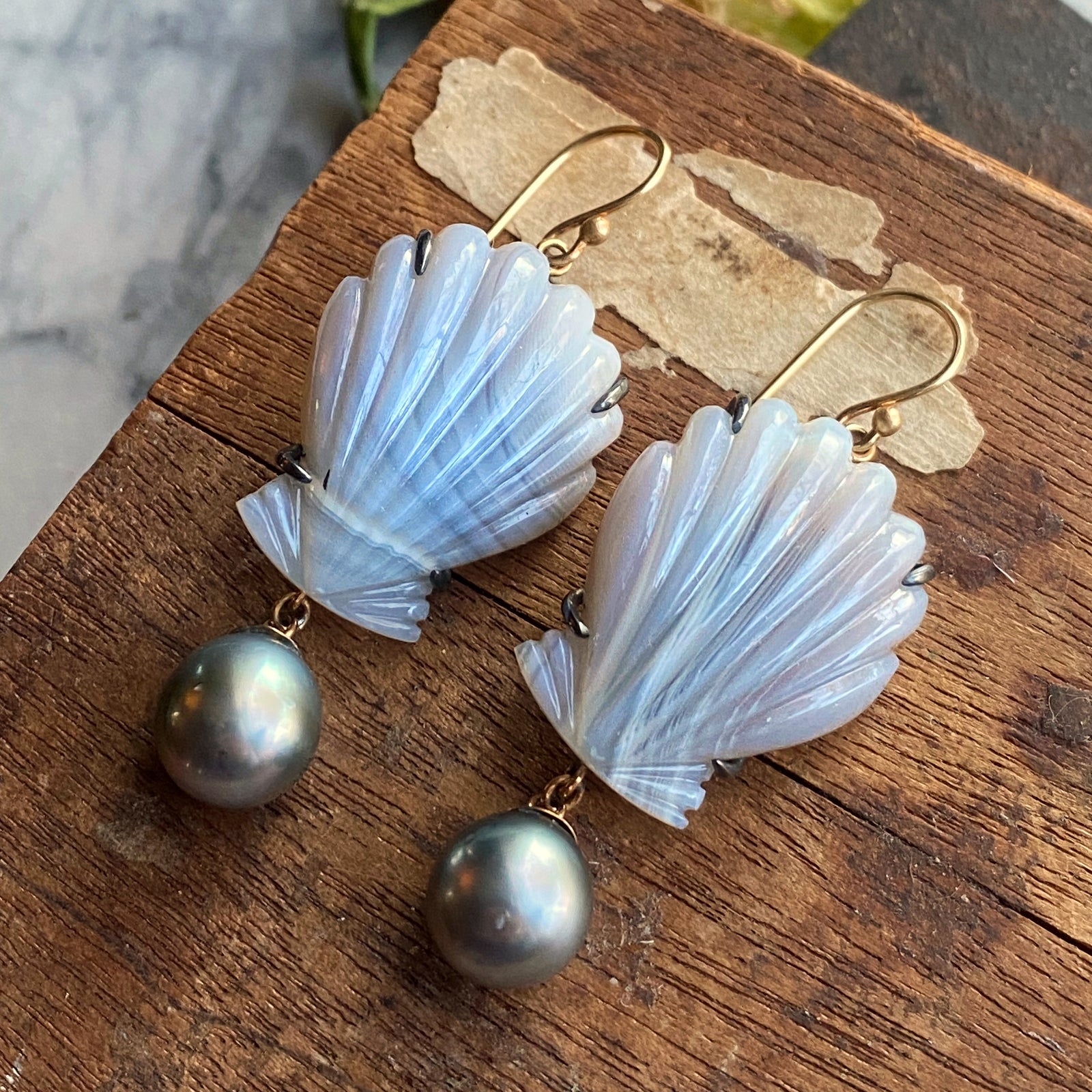 Laguna Agate Shell and Tahitian Pearl Earrings