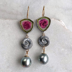 Watermelon Tourmaline, Octopus Tentacle, and Tahitian Pearl Earrings