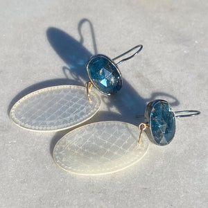 Teal Speckled Kyanite and Antique Mother of Pearl Chinese Gaming Token Earrings