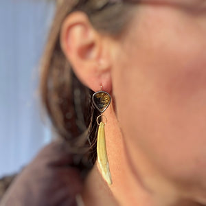 Dendritic and Golden Rutilated Quartz Earrings with Wild Boar Teeth