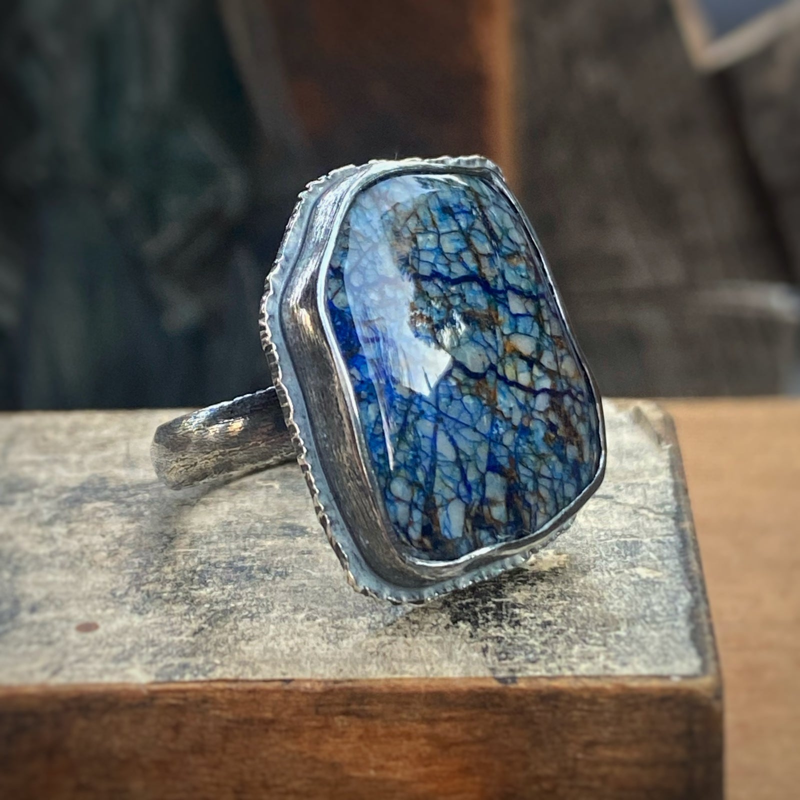 Siberian Azurite/Quartz Doublet Ring, Size 8