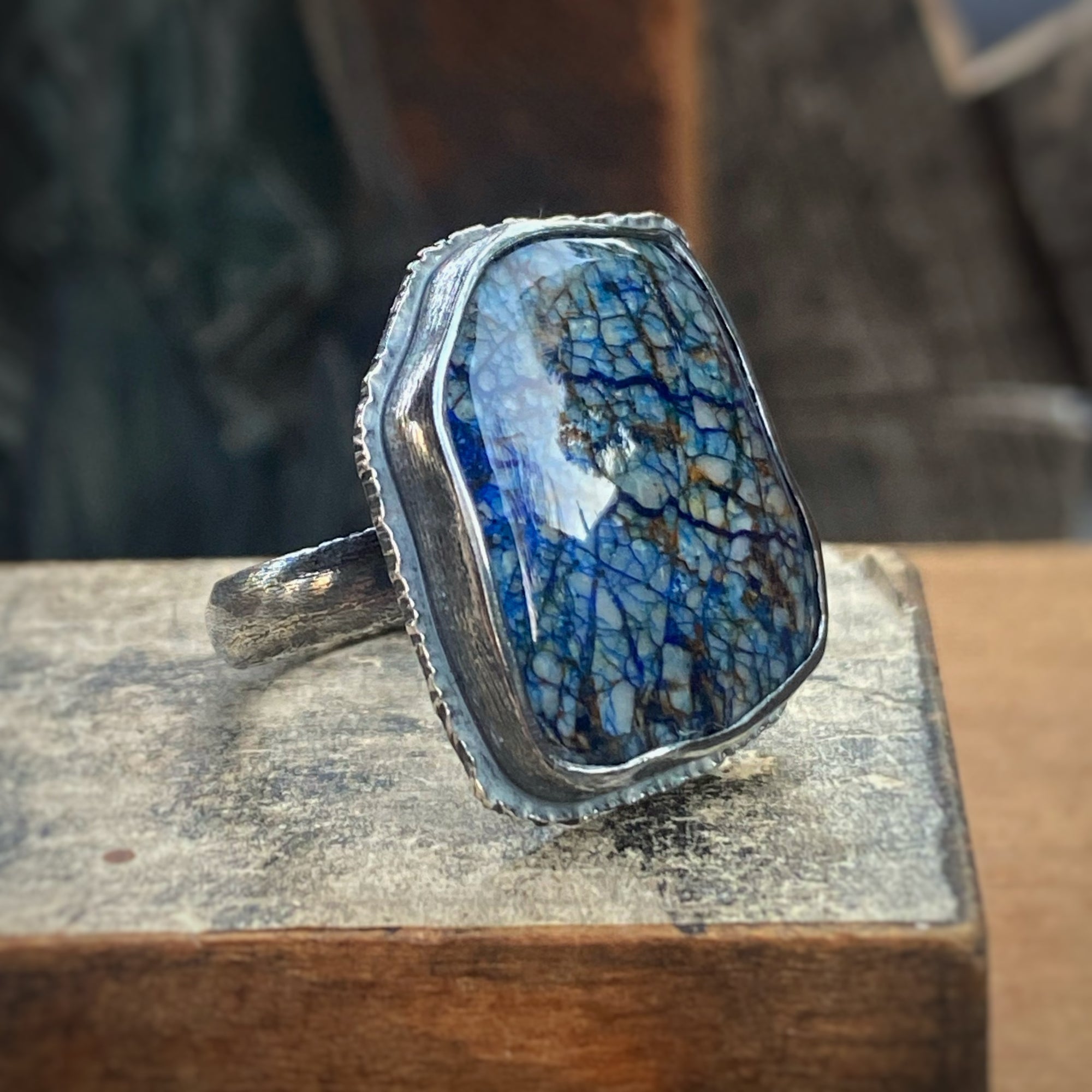 Siberian Azurite/Quartz Doublet Ring, Size 8
