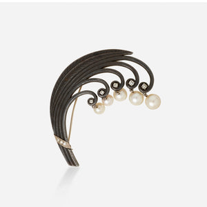 Marsh & Co. 1930s Blackened Steel, White Gold, and Cultured Pearl Lily of the Valley Brooch