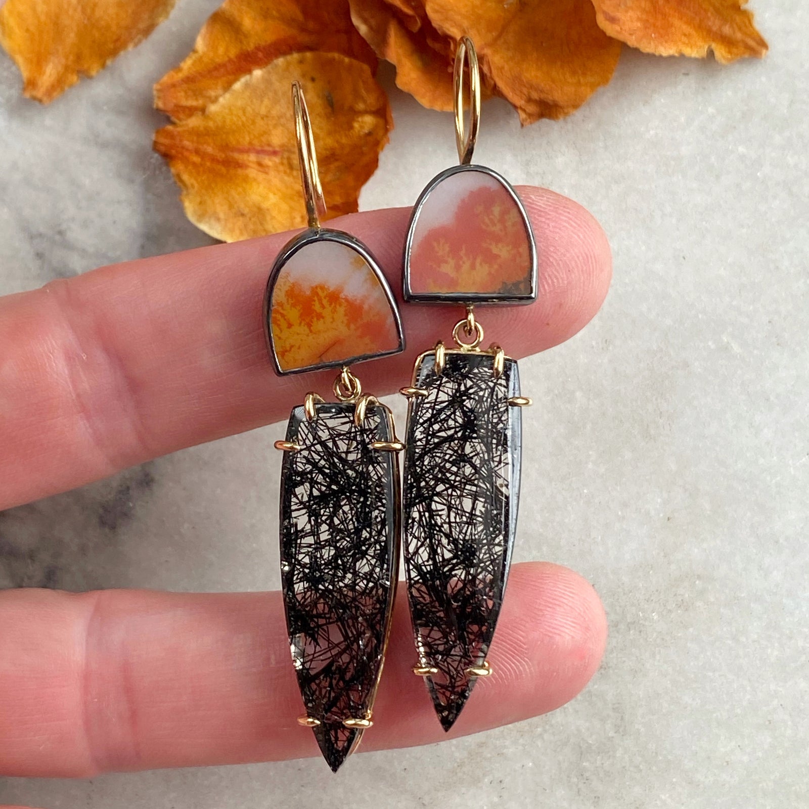 Dendritic Agate and Black Rutilated Quartz Earrings