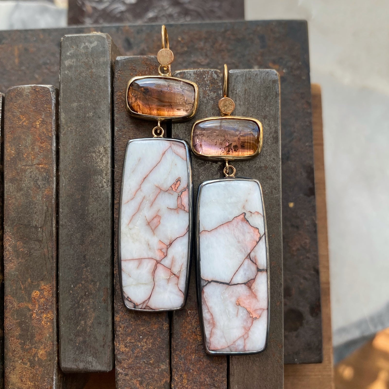 Ombré Peach Tourmaline and Copper in Quartz Earrings