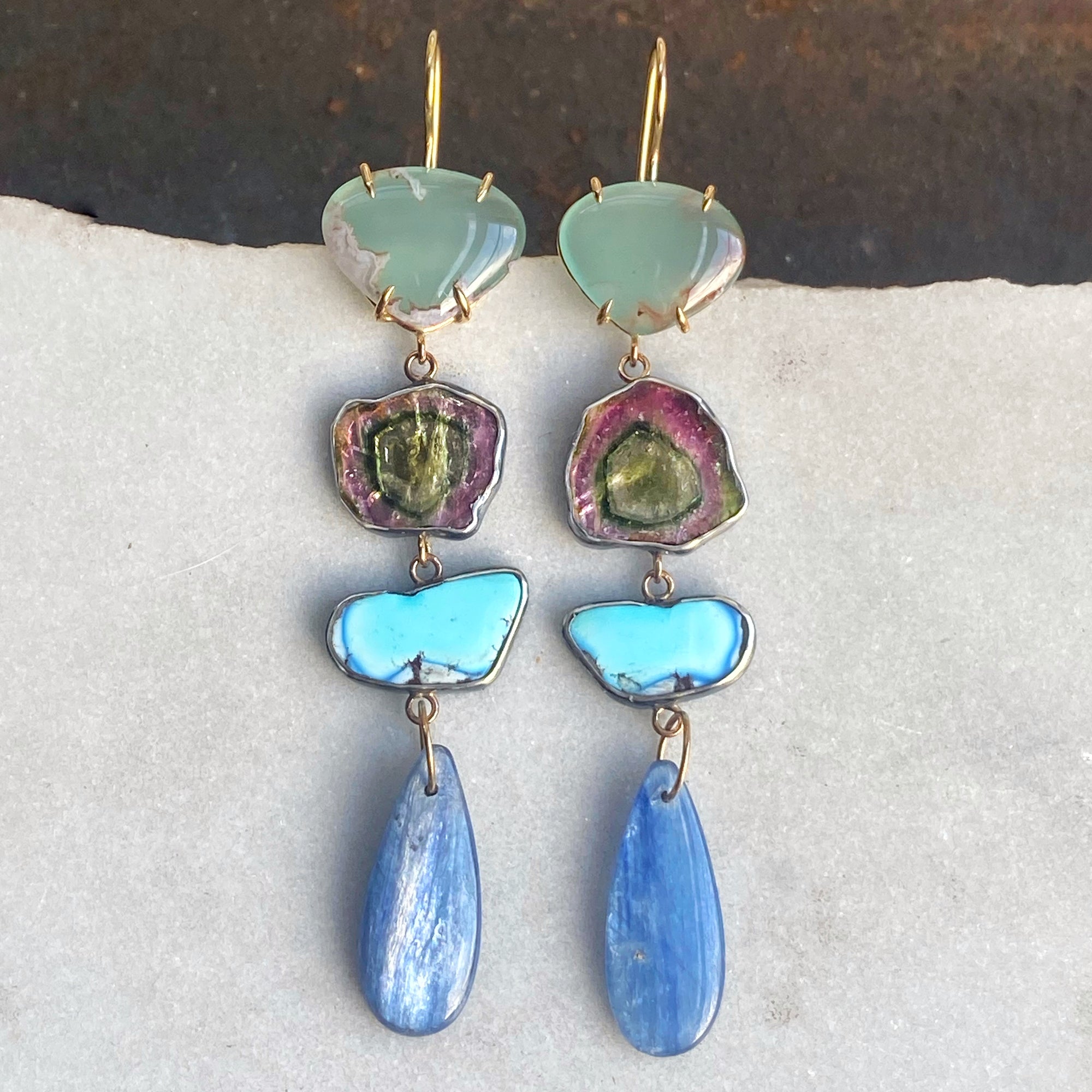 Aquaprase, Watermelon Tourmaline, Golden Hills Turquoise, and Kyanite Earrings