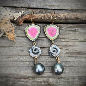 Watermelon Tourmaline, Octopus Tentacle, and Tahitian Pearl Earrings