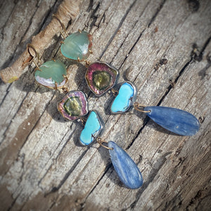 Aquaprase, Watermelon Tourmaline, Golden Hills Turquoise, and Kyanite Earrings