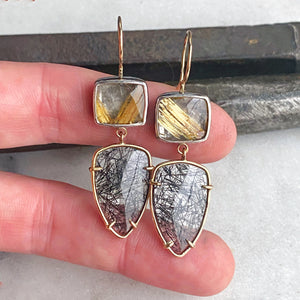 Black Tourmalinated Quartz and Golden Rutilated Quartz Earrings