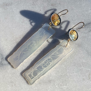 Golden Rutilated Quartz and Antique Mother of Pearl Chinese Gaming Token Earrings