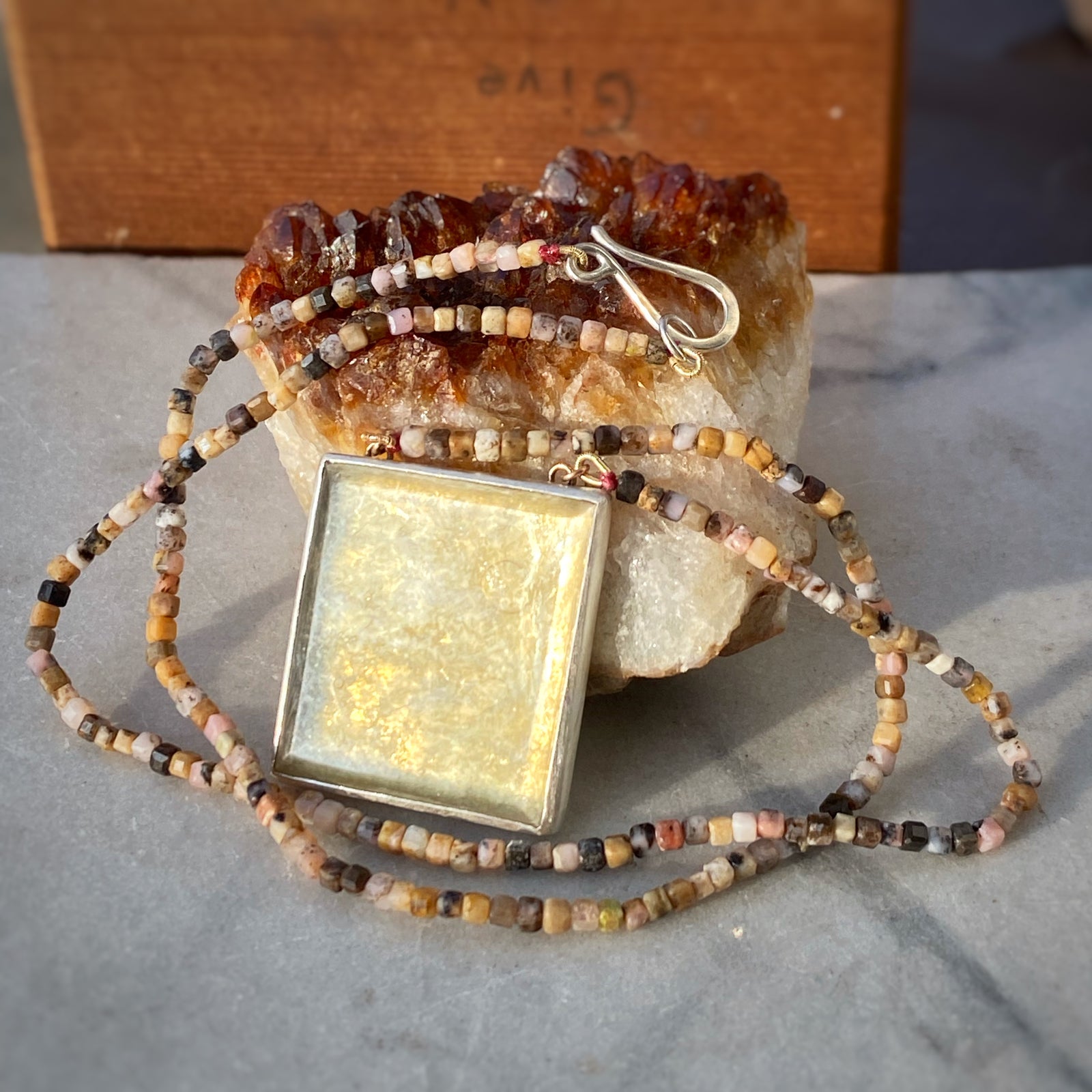Engraved Golden Lepidolite Beaded Necklace