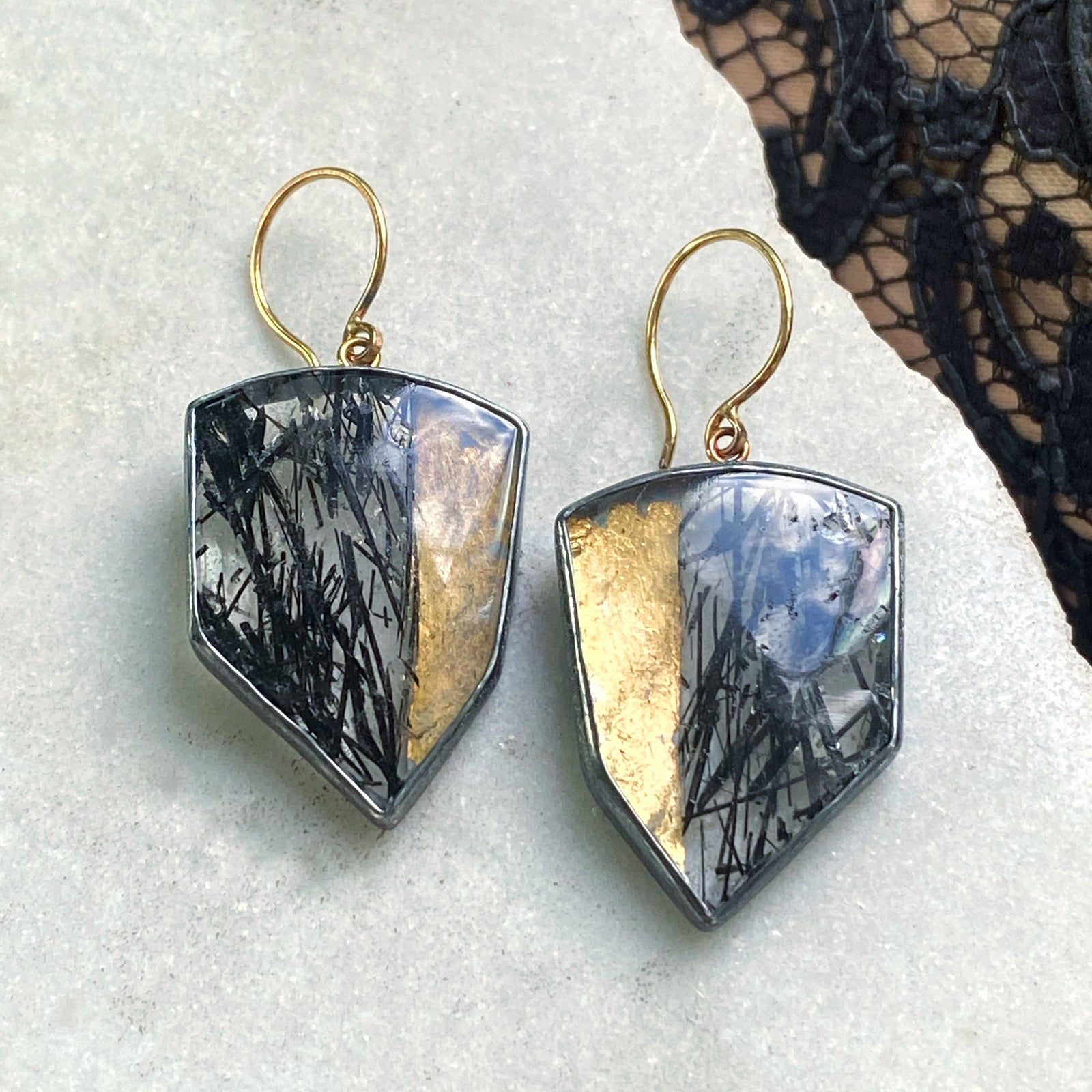 Black Rutilated Quartz Earrings with Keum Boo