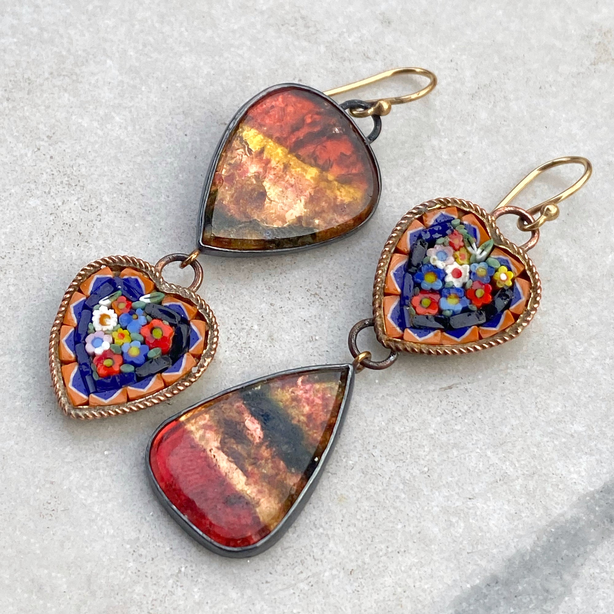 Liddicoatite Tourmaline and Antique Mosaic Heart Earrings