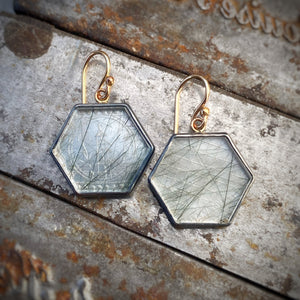 Tourmalinated Quartz Earrings with Antique Chinese Mother of Pearl Gaming Token