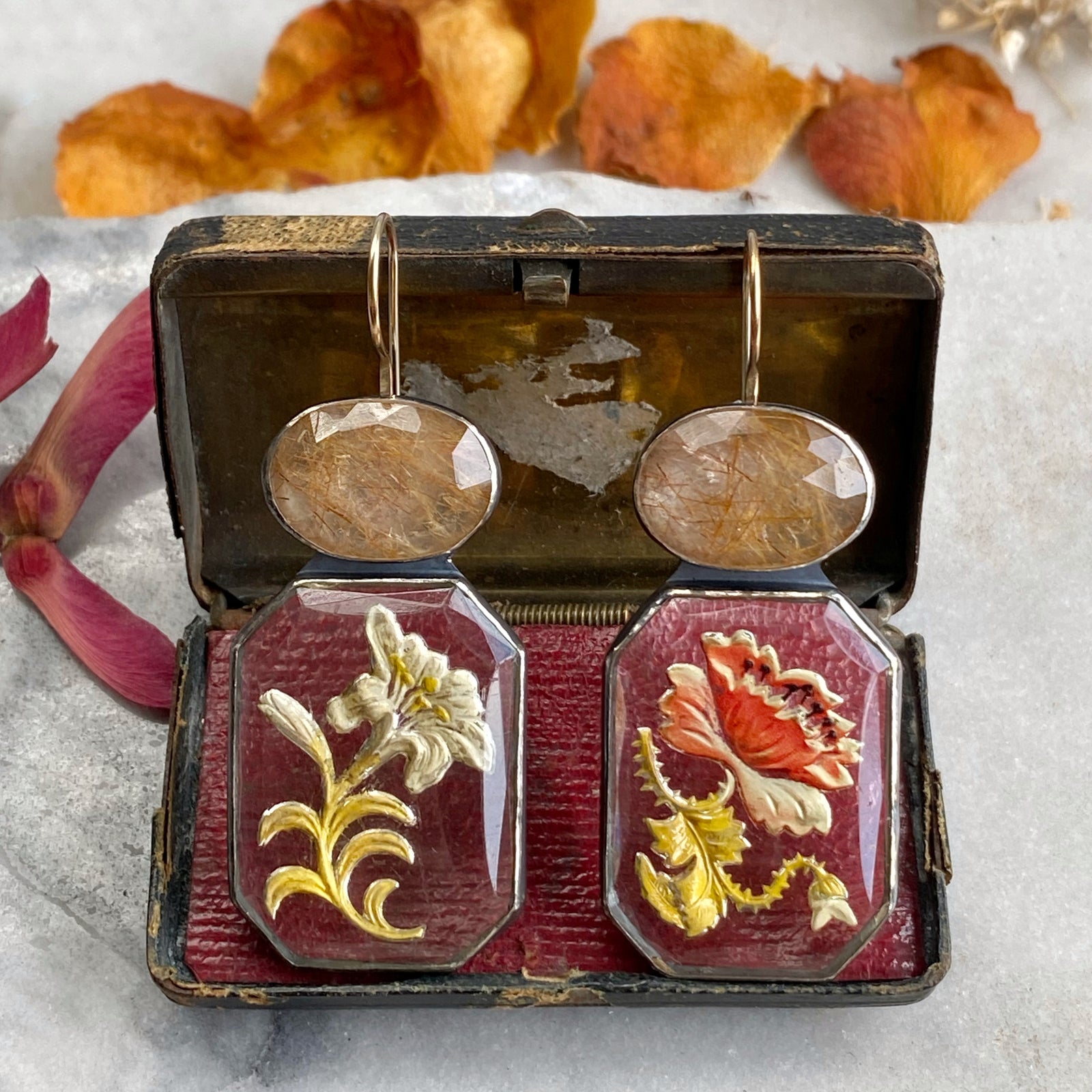 Victorian Painted Glass and Golden Rutilated Quartz Earrings