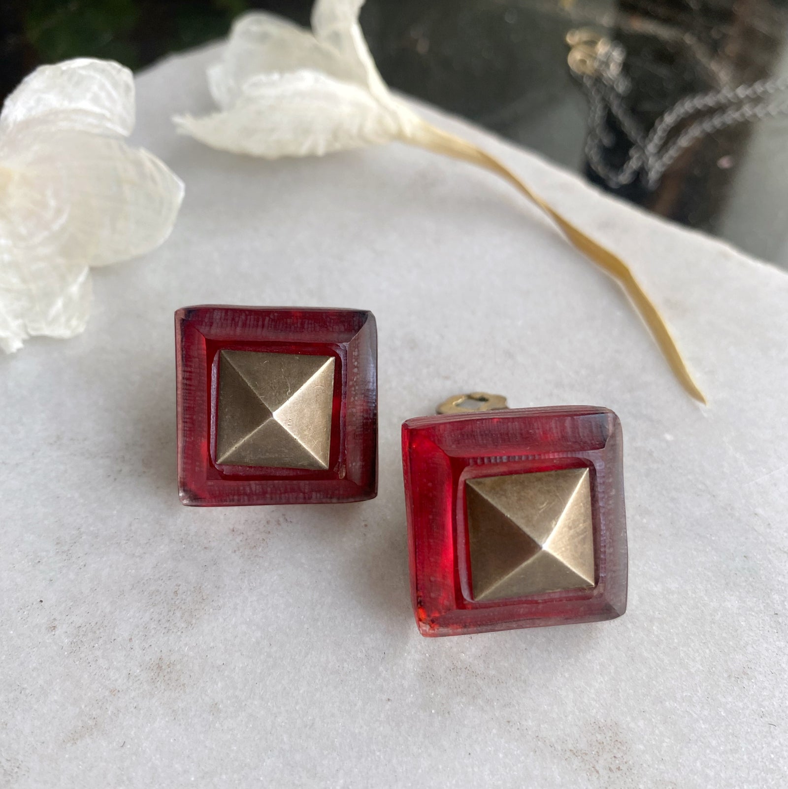 Vintage Alexis Bittar Red Lucite Pyramid Earrings