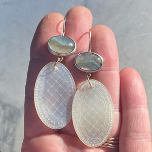 Gilalite in Quartz and Antique Mother of Pearl Chinese Gaming Token Earrings