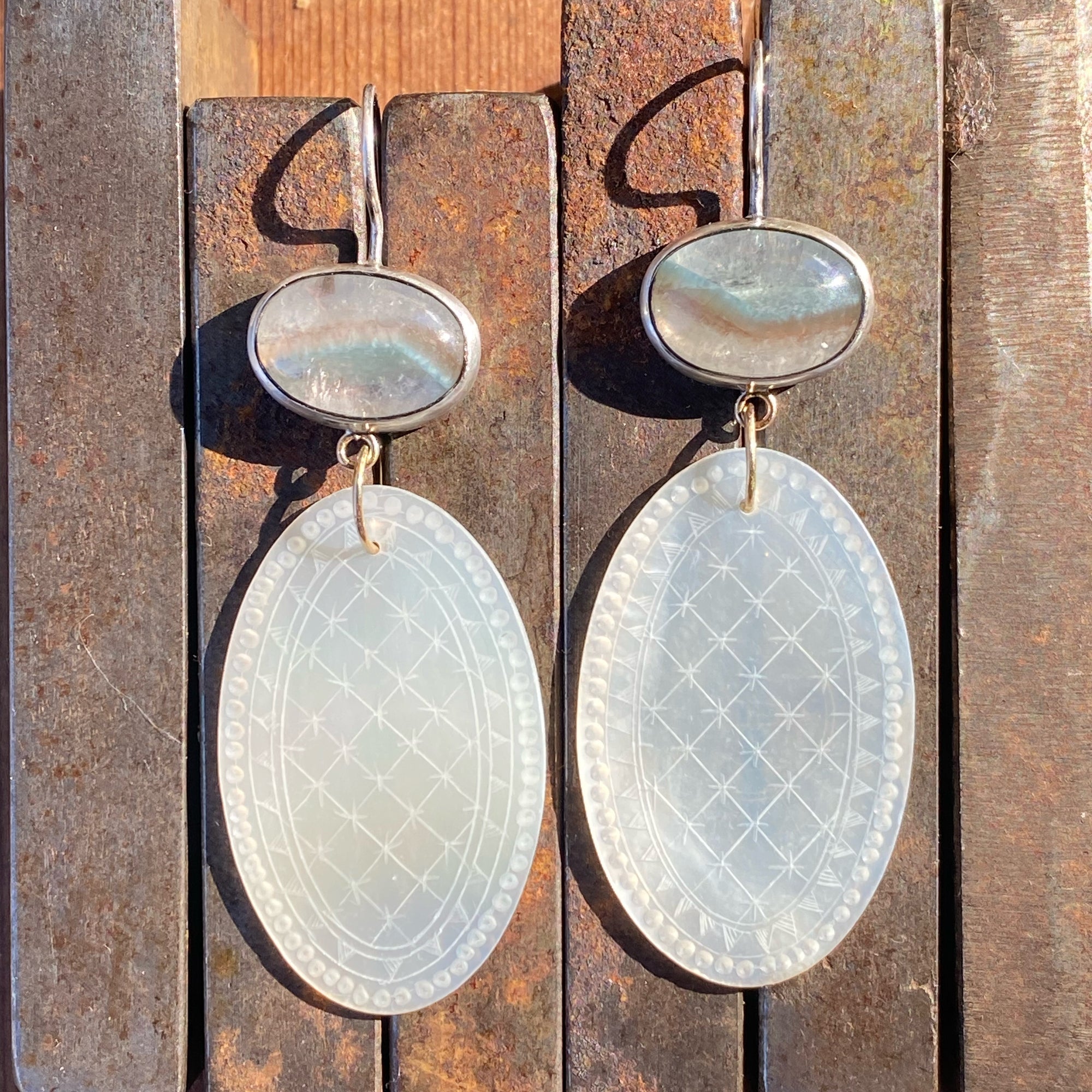 Gilalite in Quartz and Antique Mother of Pearl Chinese Gaming Token Earrings