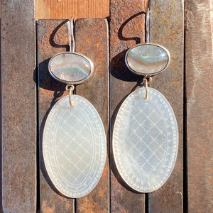Gilalite in Quartz and Antique Mother of Pearl Chinese Gaming Token Earrings